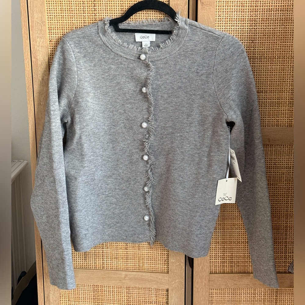 CeCe Gray Fringed Cardigan Sweater
